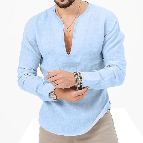 Slim Linen Langermet T-skjorte for menn himmelblå M