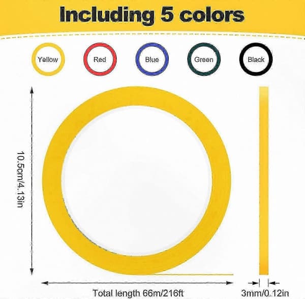 5 ruller med 3 mm grafikkteip, selvklebende whiteboardmarkering, 5 assorterte farger, 66 m lengde per rull