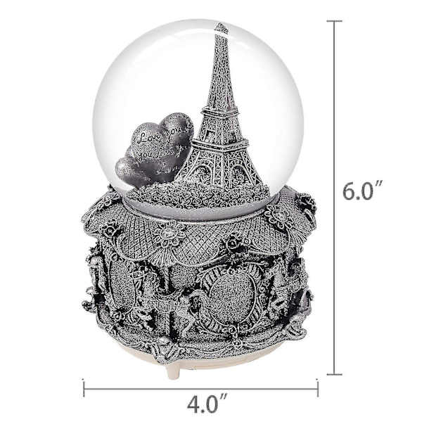 Paris Eiffeltornet Snow Globe musikdosa med automatiskt snöfall och färgglada lampor, 100 mm 6 hög silver