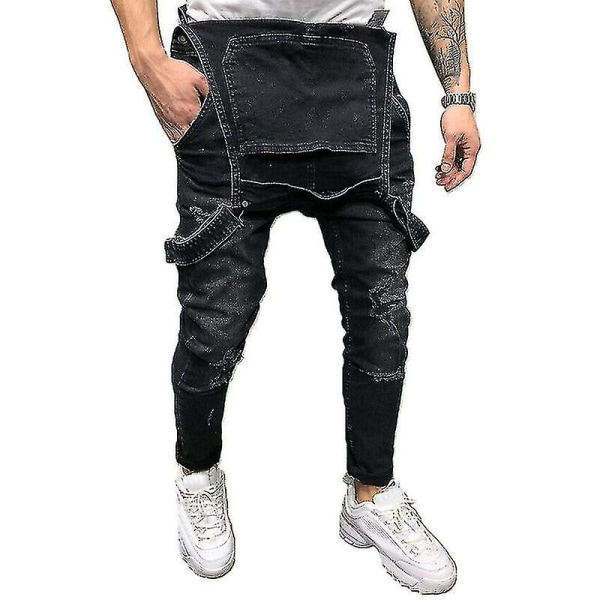 Herre Denim Rippede Overall Jeans Dungarees Jumpsuits med lommer Black L