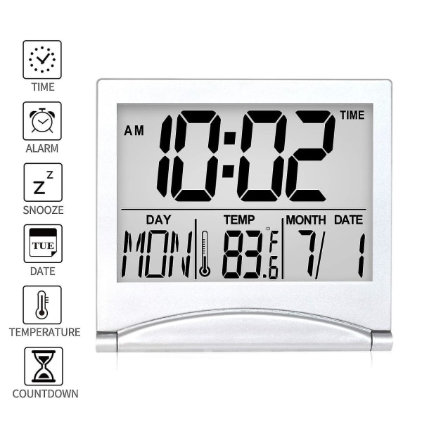 Silent LCD Digital Storskjerm Reise Sammenleggbar Elektronisk Alarmklokke Med Temperatur Dato Tid Kalender White