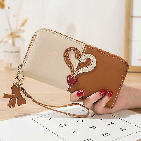Kvinders hjerte multifunktion pung pengetaske Lady Long Pu læder lynlås clutch taske pung kortholder kvinde pung Brown