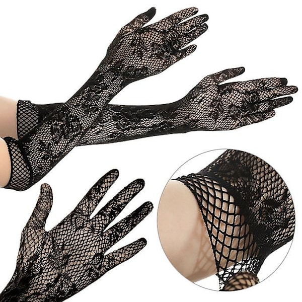 Dam Mesh Stretchig Blommig Brud Lång Spets Mesh Liturgy Handskar Gothic Punk Vantar Fancy Dress Jul Halloween Handskar Kort Stil Svart