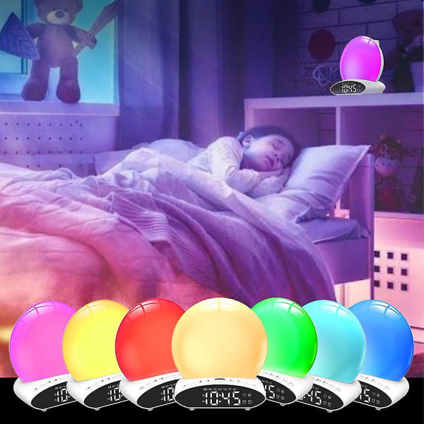 Wake Up Light Sunrise -herätyskello raskaalle nukkujalle, 7-värinen unta avustava äänilaite lapsille ja aikuisille, kaksoishälytys, torkku, Fm-radio, yövalo, sänky