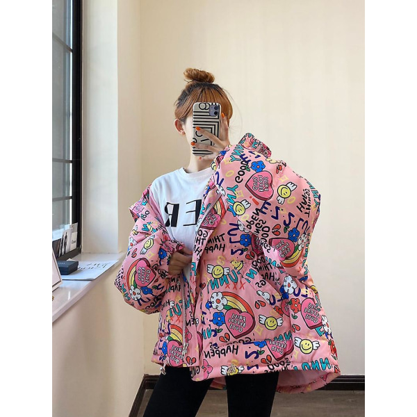 Print Hooded Waterproof Bread Down Jacket Fleece Trend Pink M
