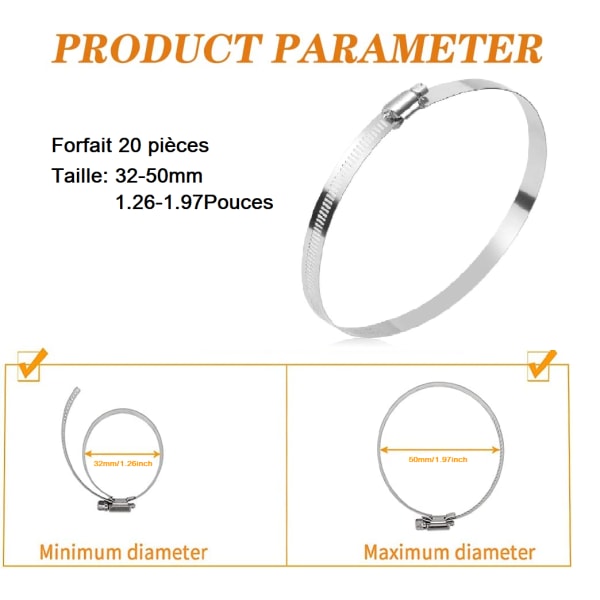 20 delar rörslangklämma, justerbar slangklämma 32-50 mm, 304 rostfri