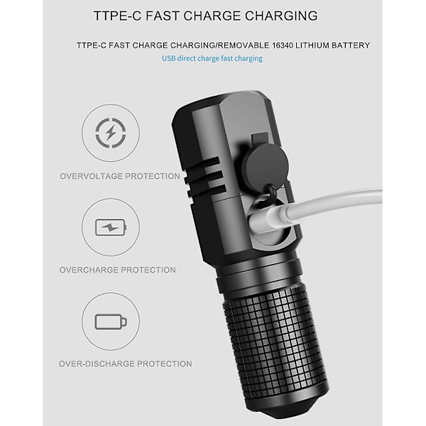 Mini 3-växlad led ficklampa Typ-c Snabbladdning Kraftfull handhållen lampa för nöd- och utomhusbruk Black