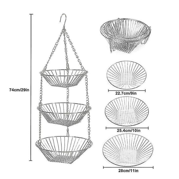 3-kerroksinen keittiön riippuva hedelmäkori, 30 tuumaa Silver