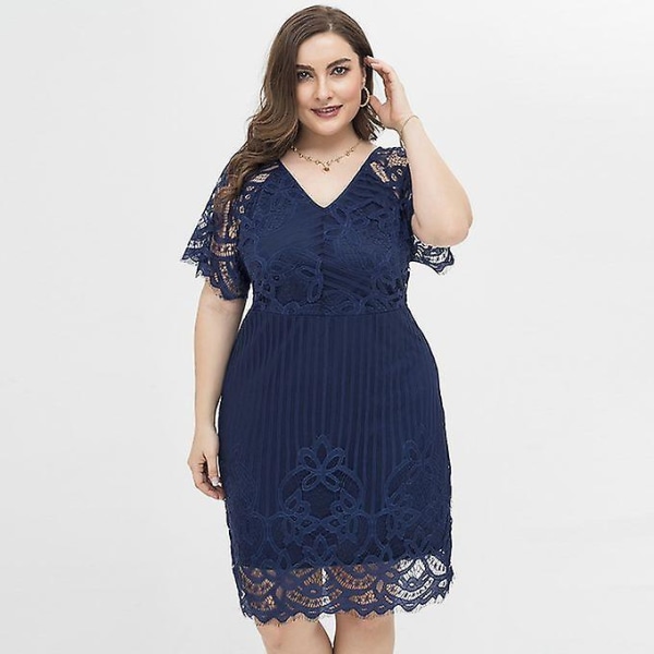 Xl-4xl Dam V-ringad Kortärmad Festklänning Plus Size Klänning Marinblå 2753 XL