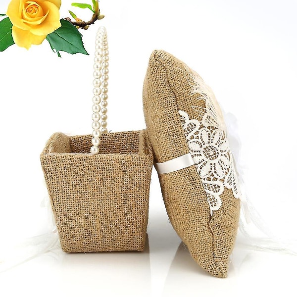 2 stk/ sæt bryllupssække Hessian blomsterringpude + blomsterkurv bryllupsdekorationsartikler