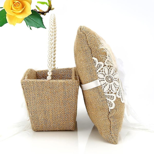 2 stk/sett Bryllup Jute Hessian Flower Ring Pute + Blomsterkurv Bryllupsdekorasjon