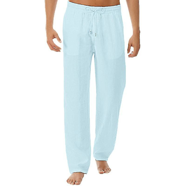 Herr Linne Look Baggy Byxor Elastisk midja Casual Beach Yoga Byxor Light Blue M