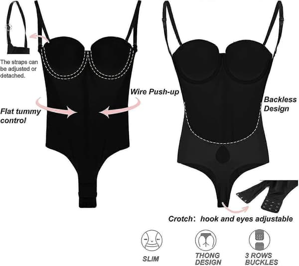 【BQ】Rygløs Kropsformer til Kvinder Push Up BH Lav Ryg Thong Bodysuit-Perfekt Sort Black S