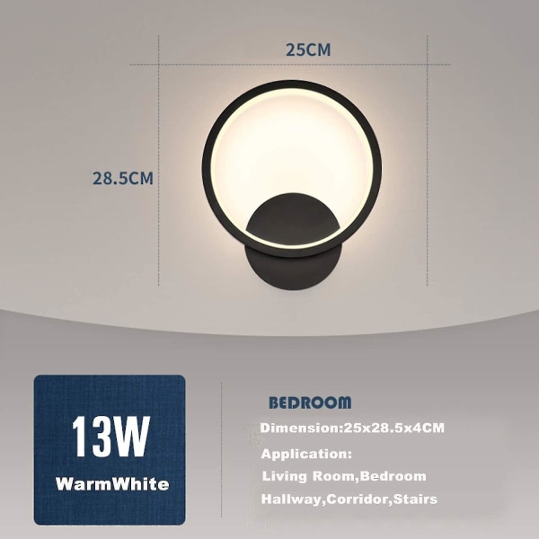 Vägglampa inomhus Led 13w Rund Vägglampa Svart Varm Vit 3000k Modern För Sovrum Vardagsrum Trappa Hall Ac 220v [energiklass A+]