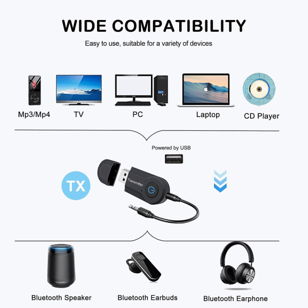 Langaton Bluetooth -lähetin, 3,5 mm kannettava stereoäänisovitin High-Fidelity USB lähetin, Plug and Play