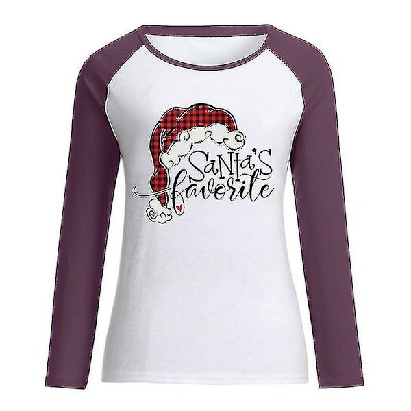 Hhcx-women Christmas Santa Print T-shirt Blouse Basic Top Tee Shirt Purple M