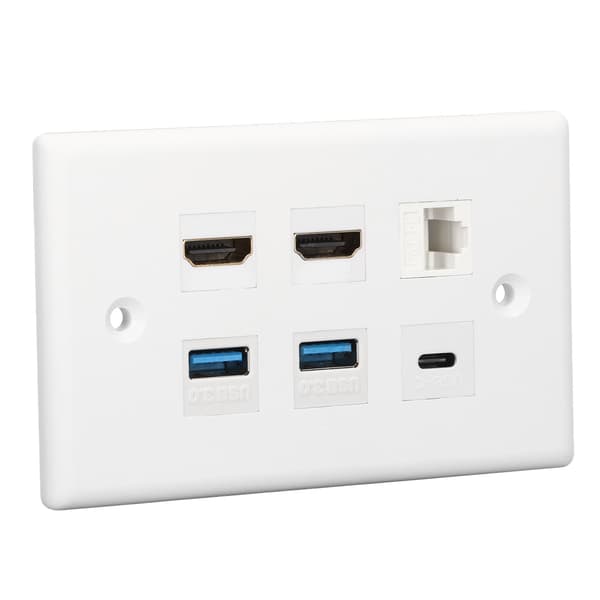 Multimediaväggplatta med 6 portar - 2xHD, 2xUSB3.0, 1xTyp C, 1xCat6 Ethernet