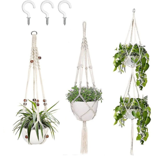 Macrame växthängare med krokar, hängande set inomhus utomhus 3 pack