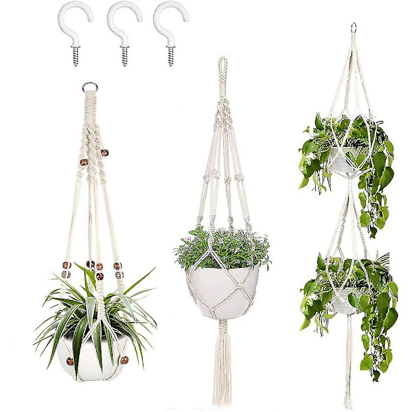 Makrame-kasvinripustimet koukuilla, sisäkäyttöön tarkoitetut ripustettavat set 3 pack
