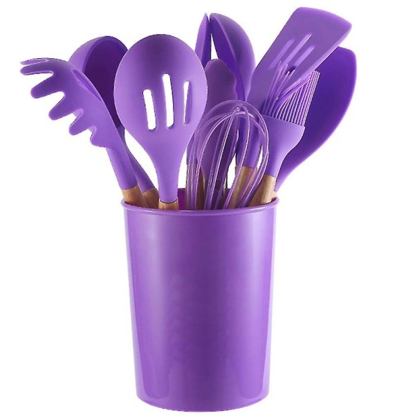 Köksredskapsset 12-delar redskap i silikon med trä handtag - Mat purple