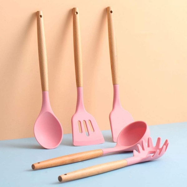 Köksredskapsset 12-delar redskap i silikon med trä handtag - Mat Pink