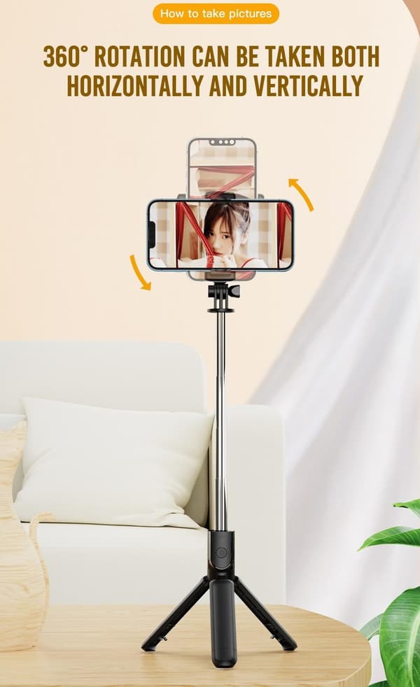 Tripod Selfiestick / Mobilstativ Bluetooth med fjernkontroll, Svart
