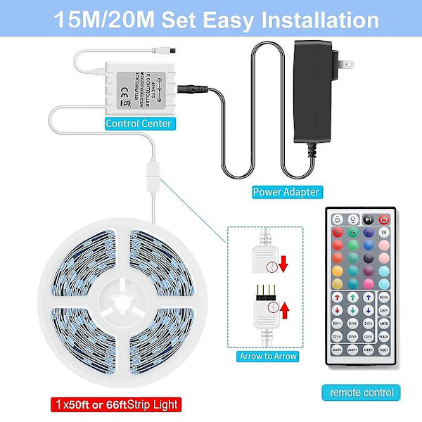 LED Lysslange 15m 50ft 65.6ft RGB Farveskiftende IR44 Fjernbetjening