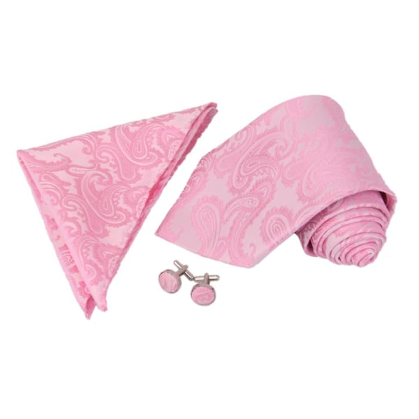 Fashion Herrar Vävda Jacquard Slips Hankerchief & Manschettknappar Set Bröllop Formell Klädsel Rosa