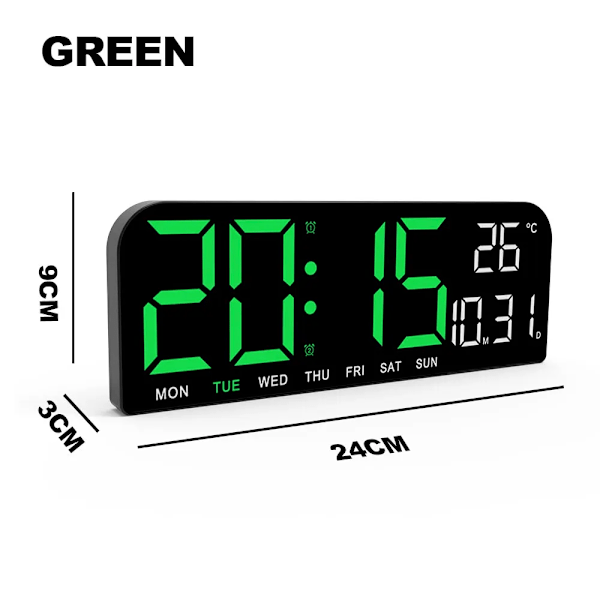 9.0 Tum Stor Digital Väggklocka Temperatur och Datum Veckovisning Nattläge Bordsväckarklocka 12/24H Elektronisk LED-klocka grön