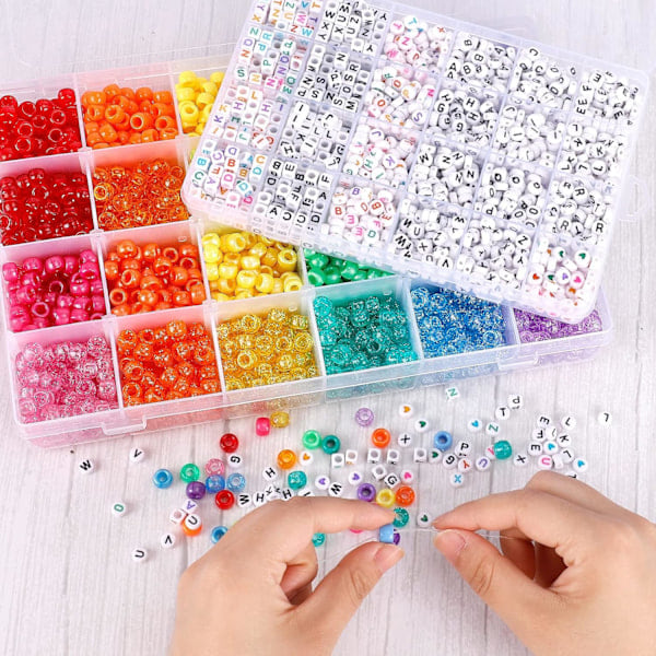 4000 stk Pony Perler Kit, 2400 stk Regnbue Kandi Perler og 1600 stk Bokstavperler, 24 Farger Plast Håndverksperler Bulk for Armbånd Smykker