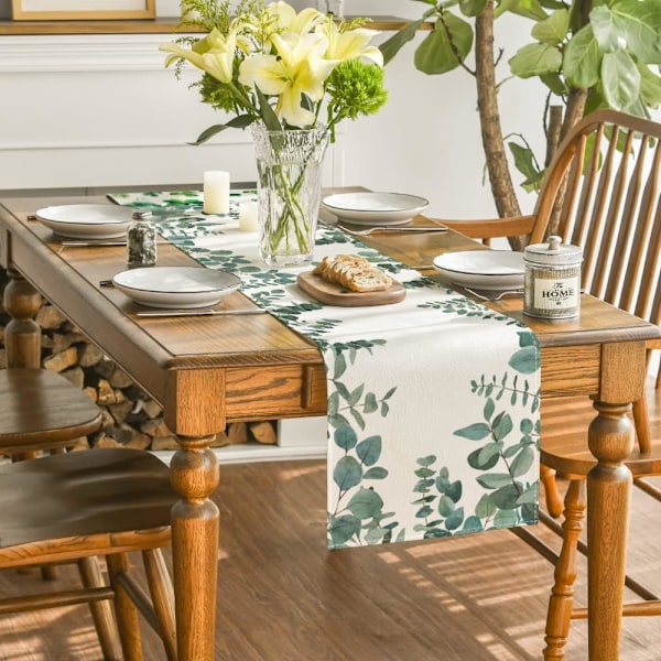 Eucalyptus Leaves Summer Table Runner, Seasonal Spring Breakfast Table Decoration for Home Party Decoration 33x183 cm