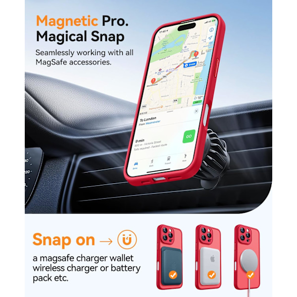 Magneettinen kuori iPhone 16 Pro Max -puhelimelle täydellisellä kamerasuojaimella [Yhteensopiva MagSafe-laturin kanssa] [Läpinäkyvä mattapinta] Suojaava puhelinkotelo, lämmin vaaleanpunainen Red Red iPhone 16 Pro