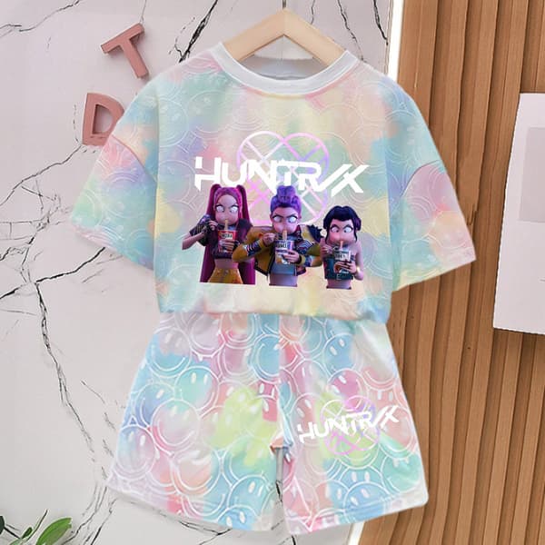 K-Pop Devil Hunter Girl Sommar T-shirt och Byxor Set - Söt Smiley Ansikte Pyjamas Set Present LMNT 147-LMNT 5 140
