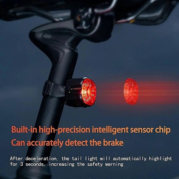 X-TIGER Intelligent Bremsesykkel Baklys IP66 Vanntett 6 Moduser Fjellvei Sykkel Sikkerhetsvarsellys