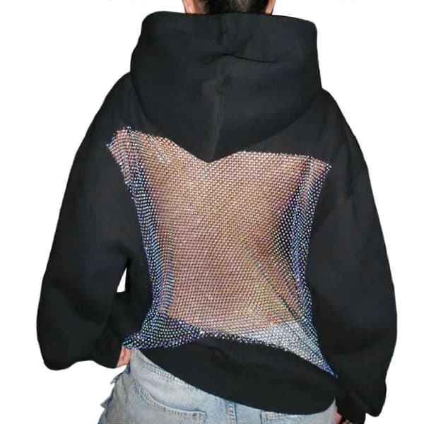 Damehættetrøje med krystalnetryg, Stor sweatshirt, Afslappet stil, Langærmet, Sweatshirt, Vinter, Efterår M