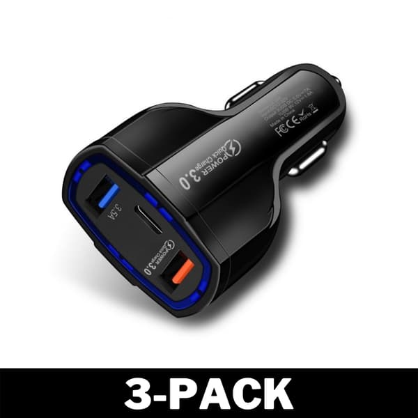 Billader Quick Charge PD med USB-C & 2x USB-uttak Svart 72 3-Pack