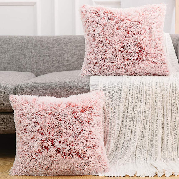 Lyxig mjuk konstgjord päls fleece kuddfodral örngott dekorativa prydnadskuddar överdrag, inget kuddfodral, 16\" x 16\" tum, Ombre, 2-pack-P-rosa