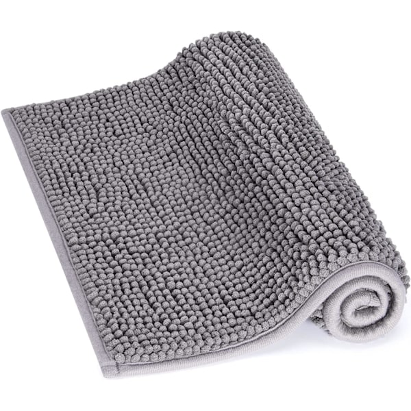 Skridsikker 61 × 43 cm Chenille Badeværelsesmåtte, Let at Rengøre Badeværelsesmåtter, Blød Brusemåtte, Grå