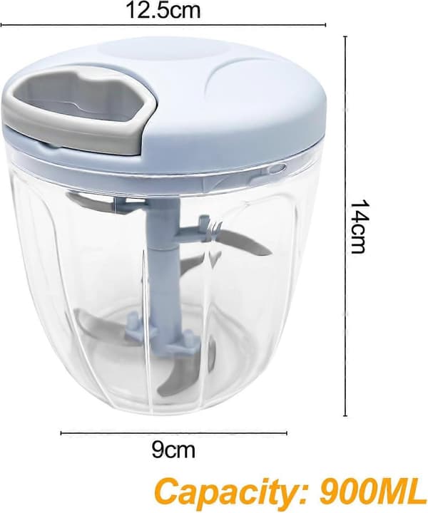 Manuell grønnsakskutter (med strømledning), 900 ml manuell grønnsakskutter, mini løkkutter (med 5 rustfrie stålblader), matkutter 900ml
