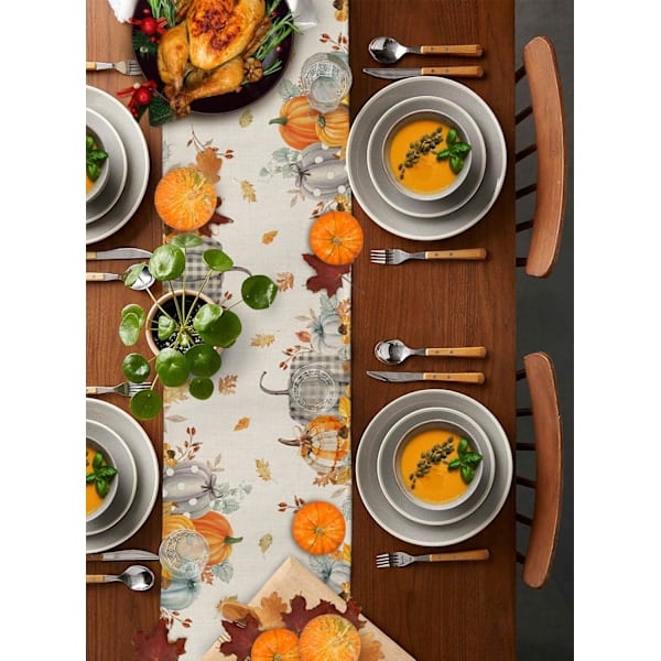 Thanksgiving Bordløper med Fugleskremsel, Landlig Gresskarhøst Lin Bomull Bordløper Kommodesjal, Høst 33x229 cm