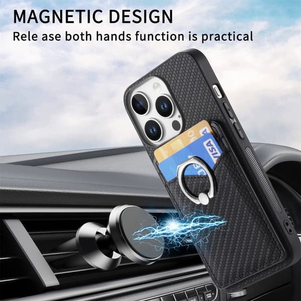 Cover Kompatibel med iPhone 16 Pro Kortlomme + Ring Kulfibertekstur