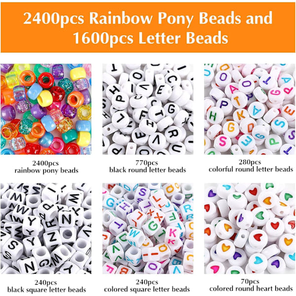 4000 stk Pony Perler Kit, 2400 stk Regnbue Kandi Perler og 1600 stk Bokstavperler, 24 Farger Plast Håndverksperler Bulk for Armbånd Smykker