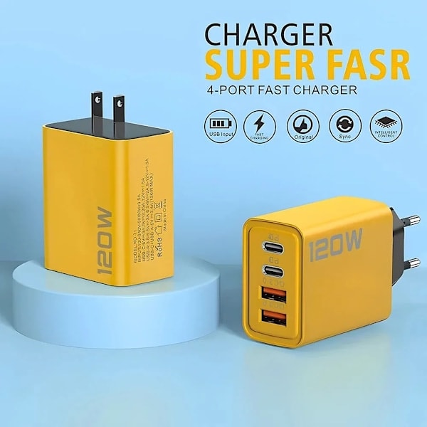 Total 120W Snabbladdare Typ C Quick Charge 3.0 USB-laddare Adapter för iPhone Samsung Xiaomi PD USB-laddare Snabbladdningskontakt EU Gul