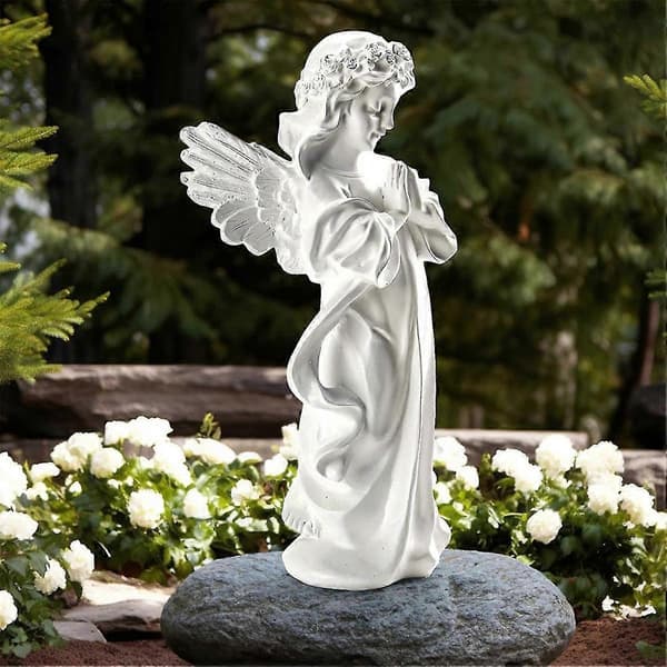 Bedjande ängelstatyett - 19 cm hartsskulptur, handmålad, lämplig för heminredning eller trädgårdsutställning.