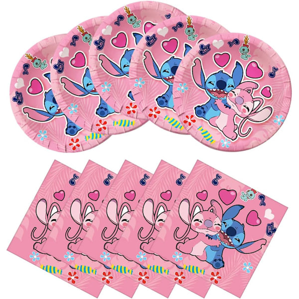 40 stk rosa Lilo og Stitch festartikler, Stitch party 20 tallerkener og 20 servietter, Lilo og Stitch jentefest dekorasjonstilbehør