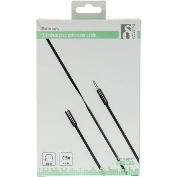 Audiokabel, 3,5 mm lige han>3,5 mm hun, 4-polet, 0,5 m