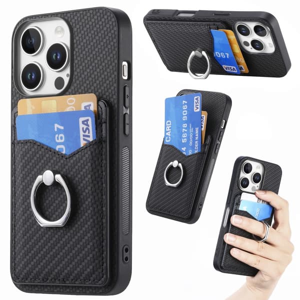 Cover Kompatibel med iPhone 16 Pro Kortlomme + Ring Kulfibertekstur