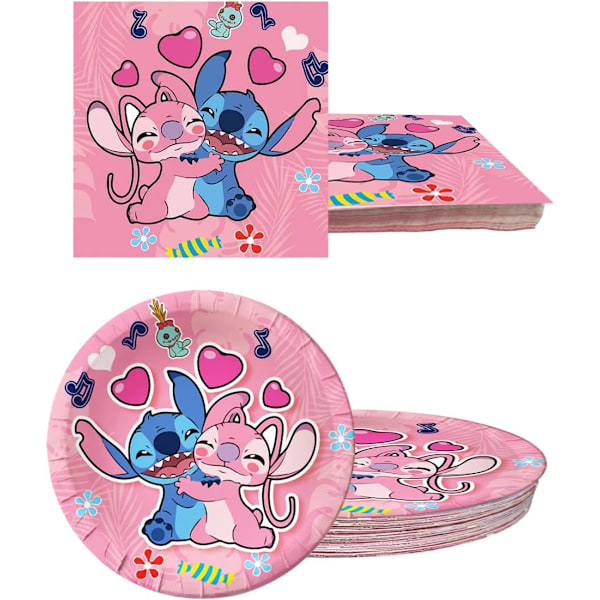 40 stk rosa Lilo og Stitch festartikler, Stitch party 20 tallerkener og 20 servietter, Lilo og Stitch jentefest dekorasjonstilbehør