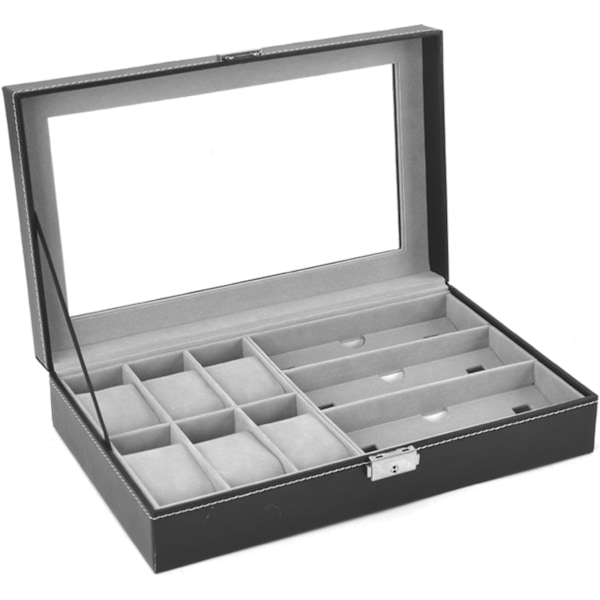 Läderbox för 6 Klockor och 3 Glasögon/Solglasögon med Smyckesdisplay, Förvaring för Män och Kvinnor