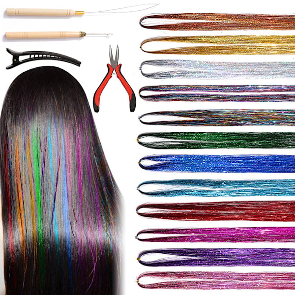 Hårglitter 47 tum 12 färger Glitterhår Extensions Glansigt Hårglitter Kit med Tång 2st Dragnål 200st Silikon